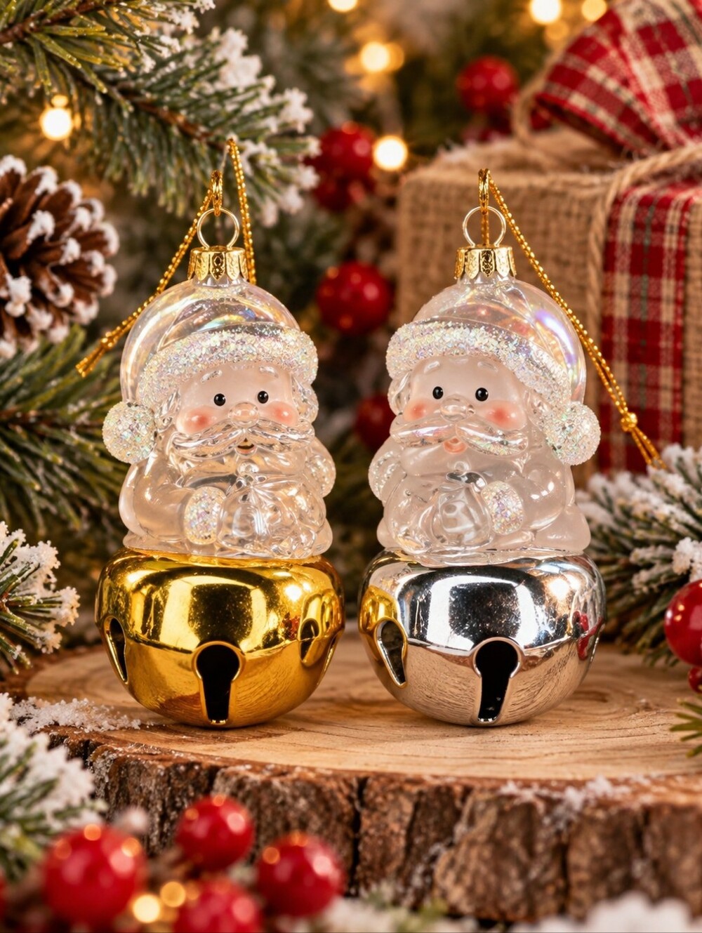 Santa on Gold & Silver Bell Christmas Tree Ornament Holiday 2" Tall
